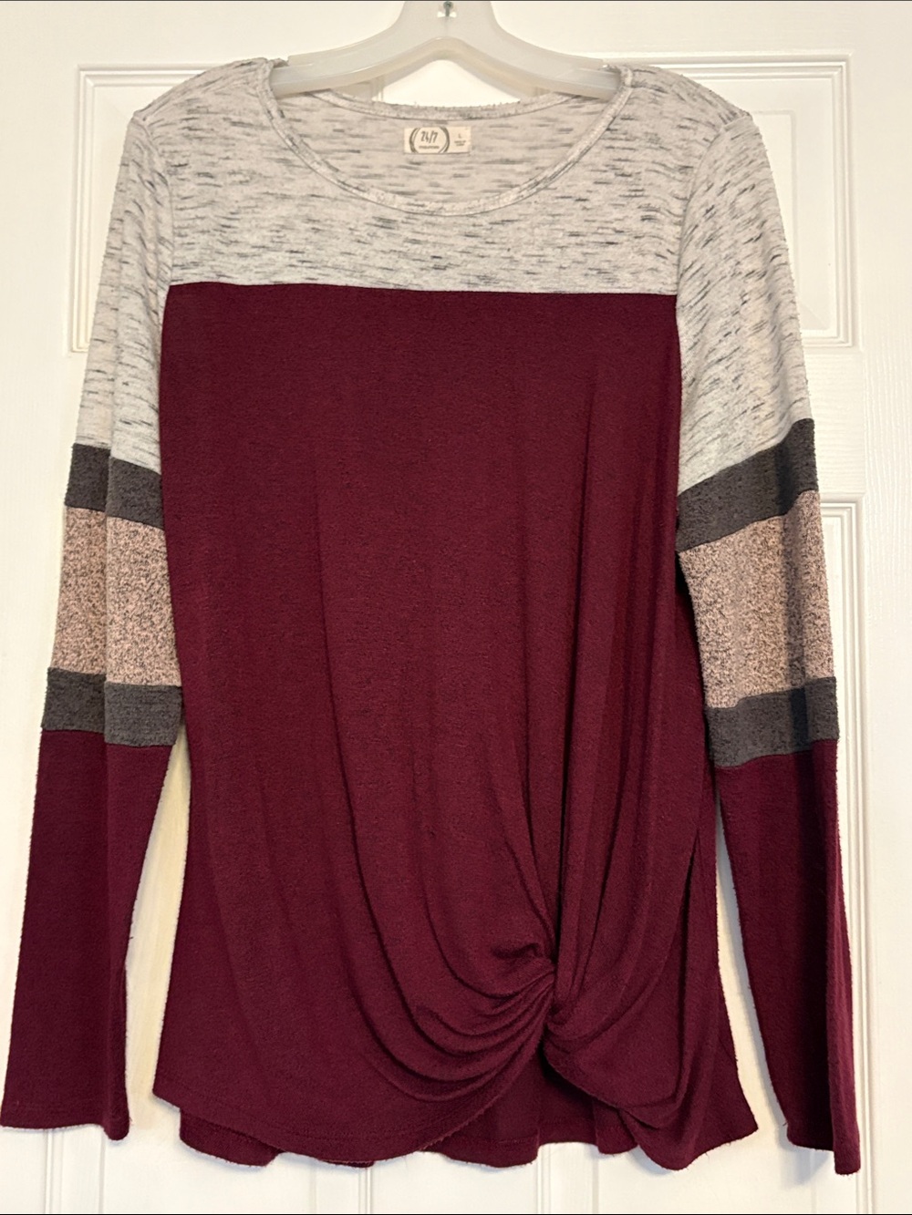 Maurices Maroon & Gray Colorblock Twist-Front Long Sleeve Top